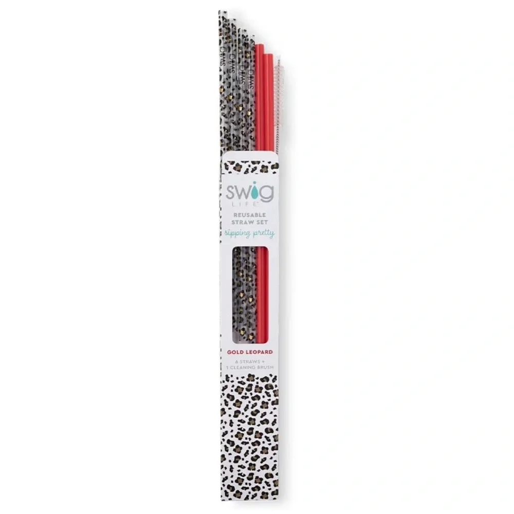 Swig Life NWT Reusable Gold Leopard + Red Tall Straw Set